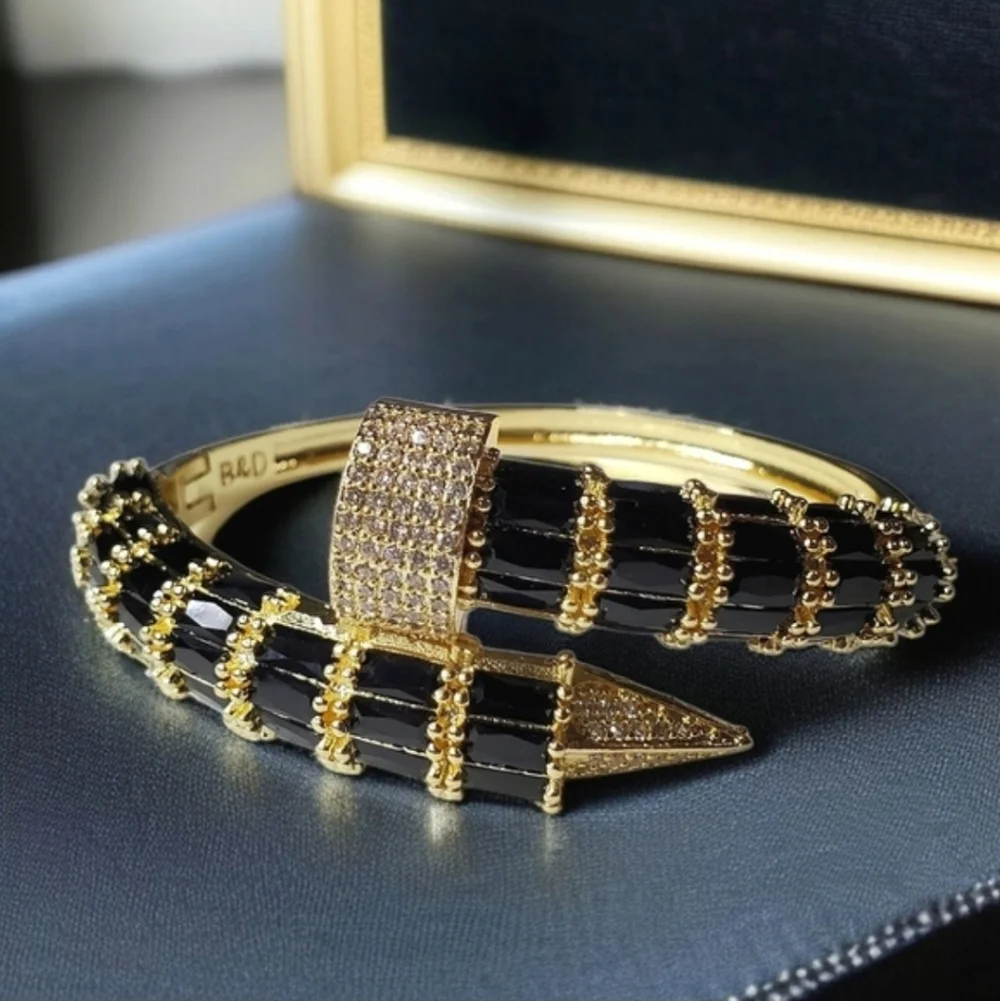 Chunky Luxury 18k Gold Plated Onyx Zircon Crystal Bracelet